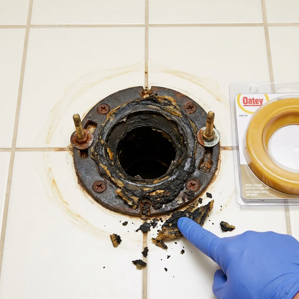 Failed wax ring showing water seepage at the base of a toilet in a Rockledge, FL home