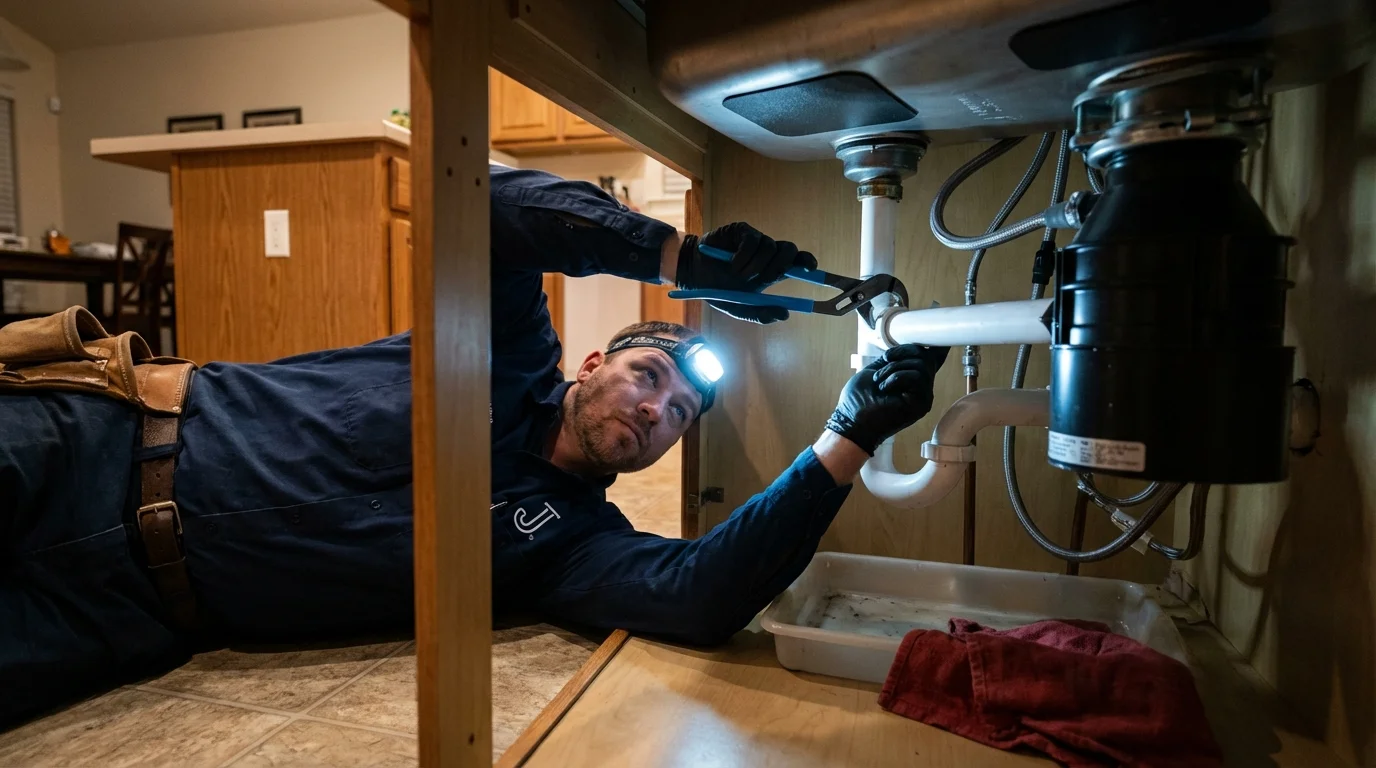 P-trap and supply line connections under a kitchen sink showing a common leak point in Rockledge, FL